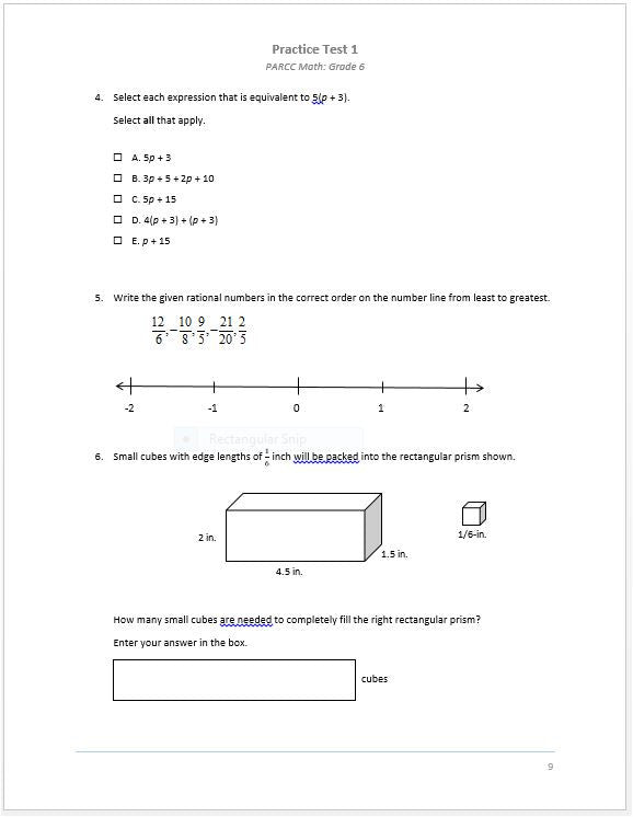 PARCC Mathematics Practice Tests - Grade 6