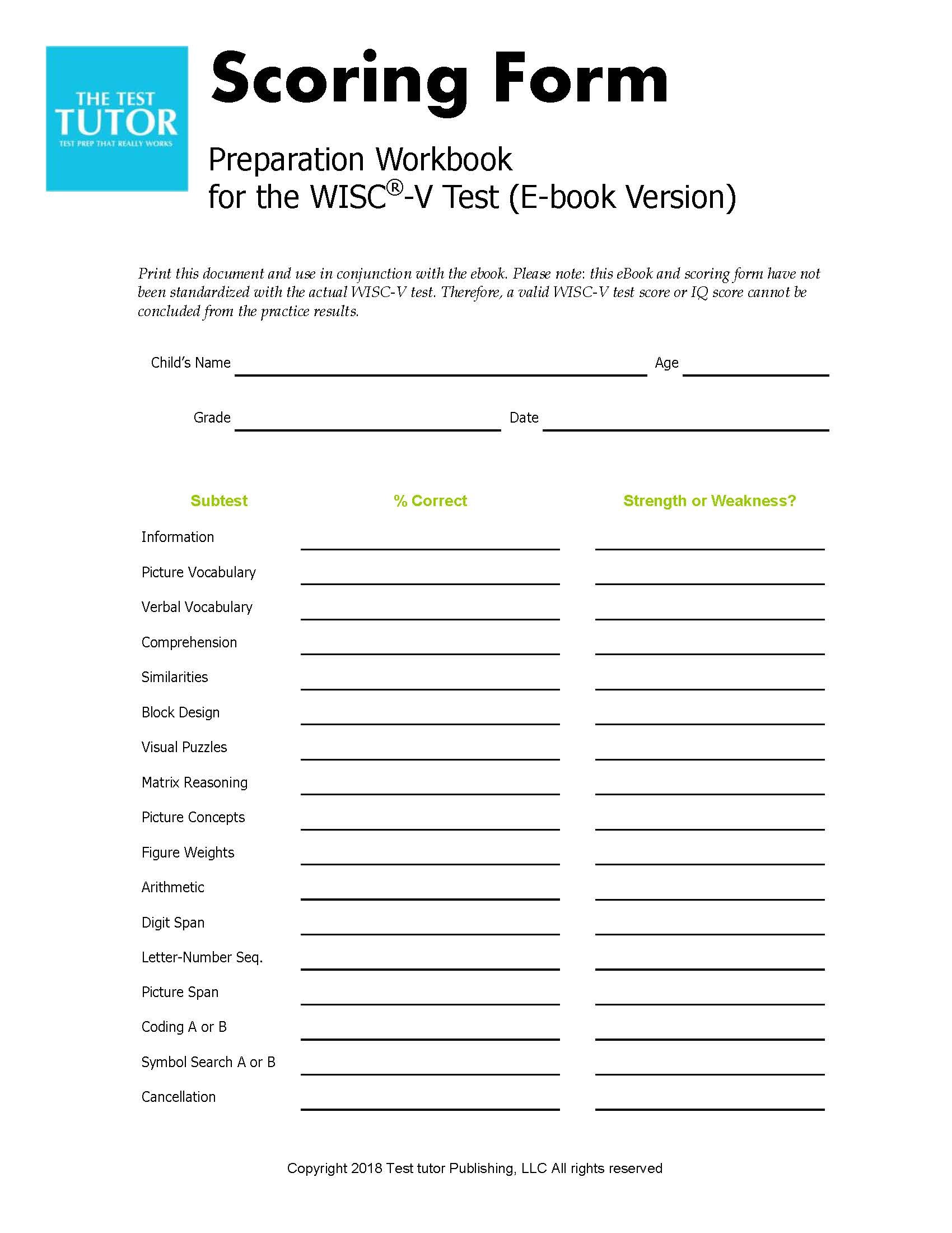 WISC - V E - Book Scoring Form - The Test Tutor